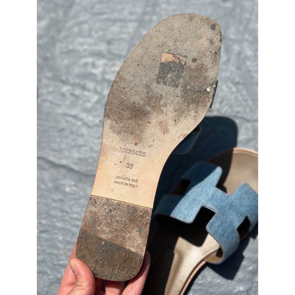 Hermes Oran Denim Sandals Blue denim Slides Size 39 Flat Shoes - Picture 5 of 11